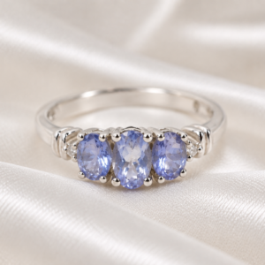 Pierścionek z Białego Złota 14K (585) z Tanzanitami i Diamencikami, r. 14