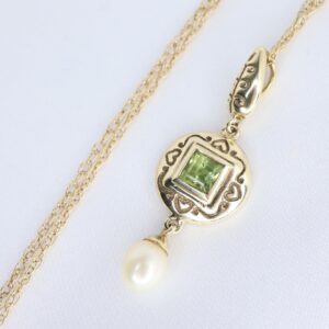 Złoty Naszyjnik 9K (375) CLOGAU Perydot i Perła z Łańcuszkiem, 46 cm