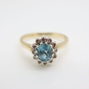 Vintage 9ct Gold Blue Topaz & Diamond Cluster Ring, Size EU 4