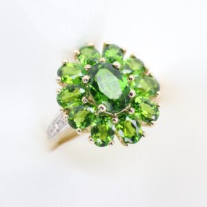 Złoty Pierścionek 9K (p.375) z Klastrem Diopsydów i Diamencikami, r. 17