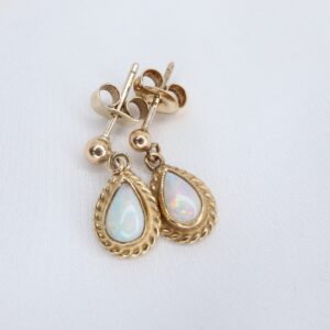 Złote Kolczyki 9K (p.375) z Naturalnymi Opalami, Wiszące Łezki