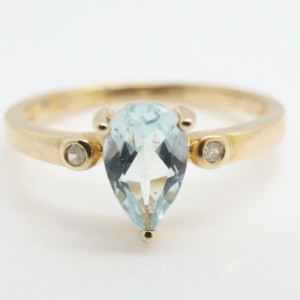 9Ct Gold Pear Shaped Aquamarine Diamond Accent Ring, Size 15.5