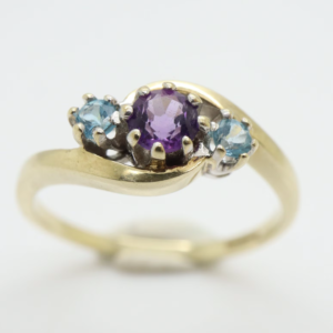 Vintage 9Ct Gold Amethyst & Topaz Accent Crossover Ring, Size 14