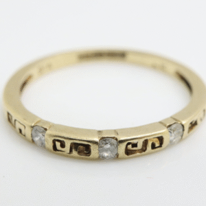 Vintage 9ct Gold 3 Stone Diamond Greek Key Band Ring, Size EU 9