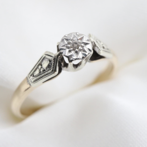 Złoty Pierścionek 9K i Platyna z Diamencikiem, Art Deco, r. 9