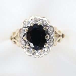 Złoty Pierścionek 9K (p.375) Halo Szafir z Diamentami, r. 10,5