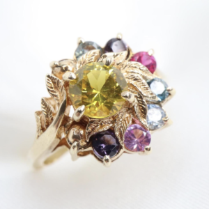 Pierścionek Koktajlowy 10K z Kolorowymi Kamieniami Szlachetnymi – Motyw Kwiatu, r. 15,5