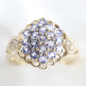 Pierścionek Koktajlowy z Tanzanitami i Diamentami – 9 ct Złota, Rozmiar EU 18