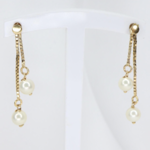Złote Kolczyki Wiszące 9K (375) z Perłami Na Łańcuszkach