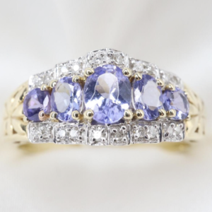 Złoty Pierścionek 9K (375) z Tanzanitami i Diamencikami, r. 17