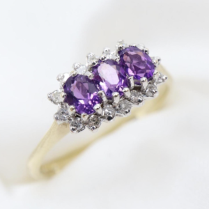 Złoty Pierścionek 9K (375) Typu Halo, Ametysty i Diamenty, r. 16