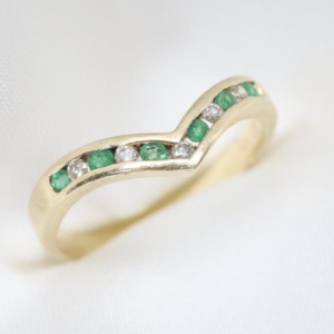 Złoty Pierścionek Typu Wishbone 14K (585) ze Szmaragdami i Diamentami, r. 13